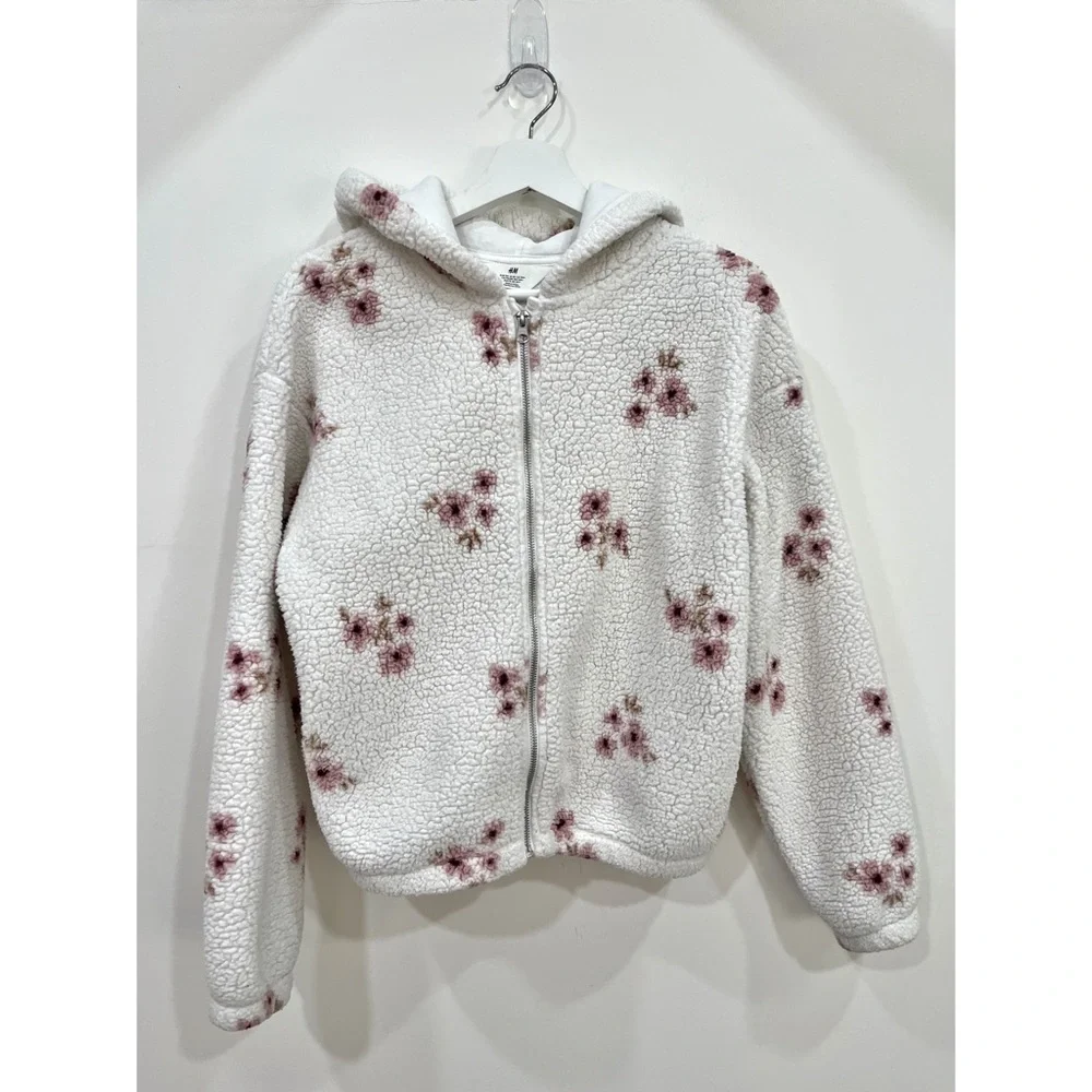 H&M Kids Floral Teddy Fleece Hooded Jacket White Pink Flowers Size 14/16 XL